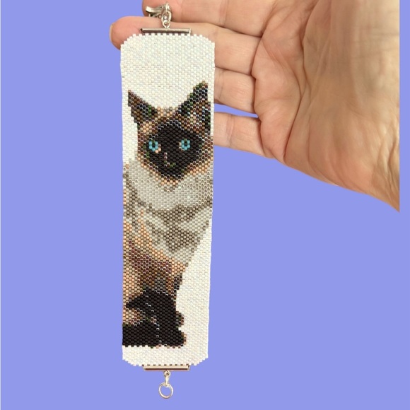 Handwoven Siamese Cat adjustable peyote wide cuff bracelet Burmese Thai Kitty - Picture 1 of 5